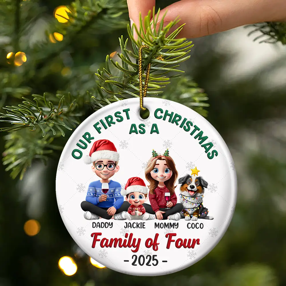 First Christmas As A Family Of Three New Parents 3D - Personalized Circle Ceramic Ornament - Image 3