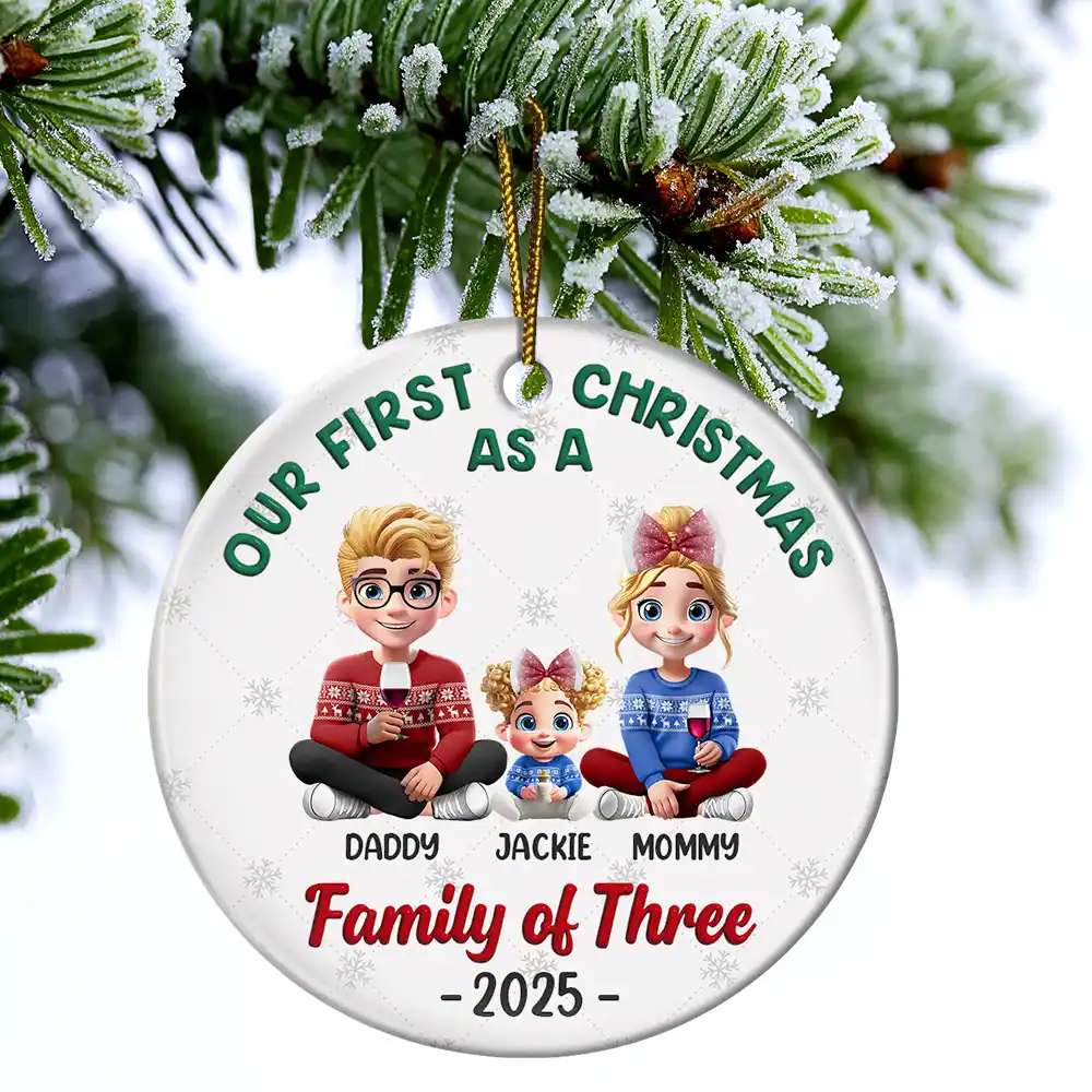 First Christmas As A Family Of Three New Parents 3D - Personalized Circle Ceramic Ornament - Image 4