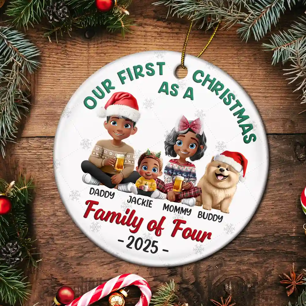 First Christmas As A Family Of Three New Parents 3D - Personalized Circle Ceramic Ornament - Image 5
