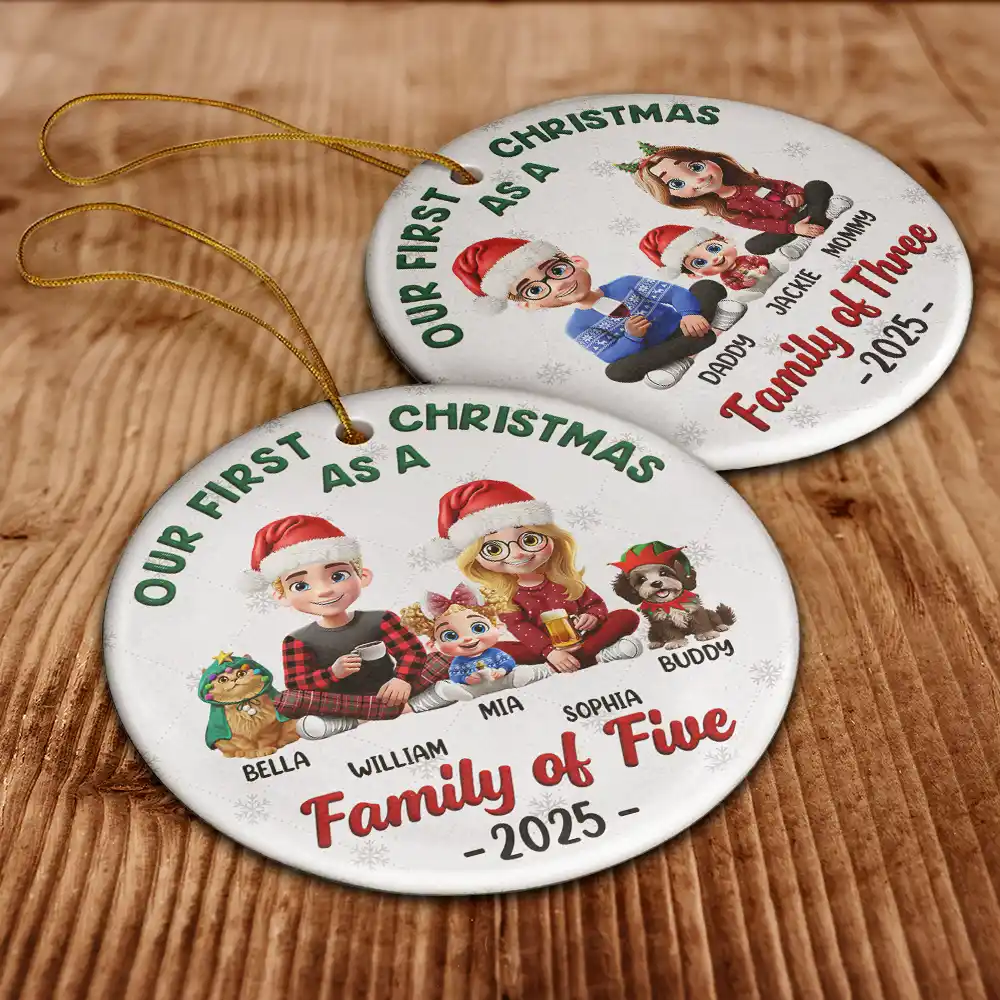 First Christmas As A Family Of Three New Parents 3D - Personalized Circle Ceramic Ornament - Image 6