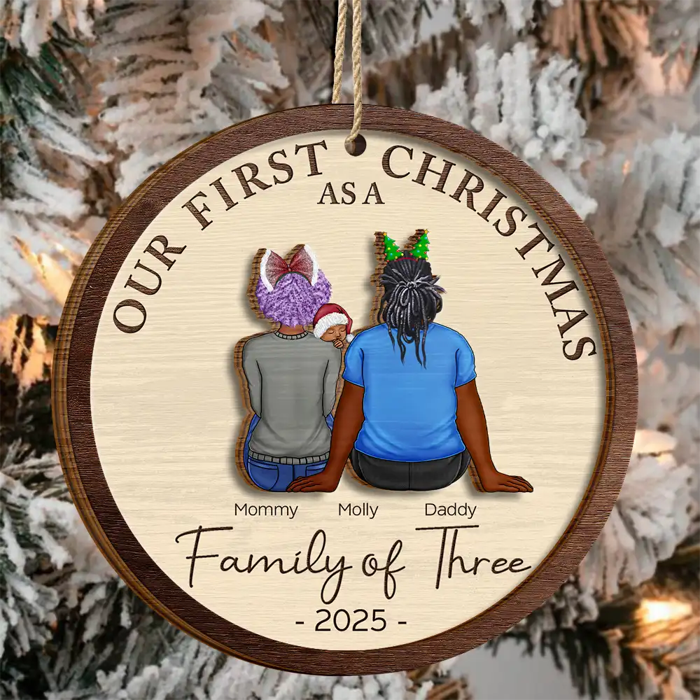First Christmas As A Family Of Three New Parents - Personalized 2-Layered Wooden Ornament - Image 3