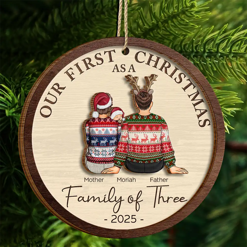 First Christmas As A Family Of Three New Parents - Personalized 2-Layered Wooden Ornament - Image 4