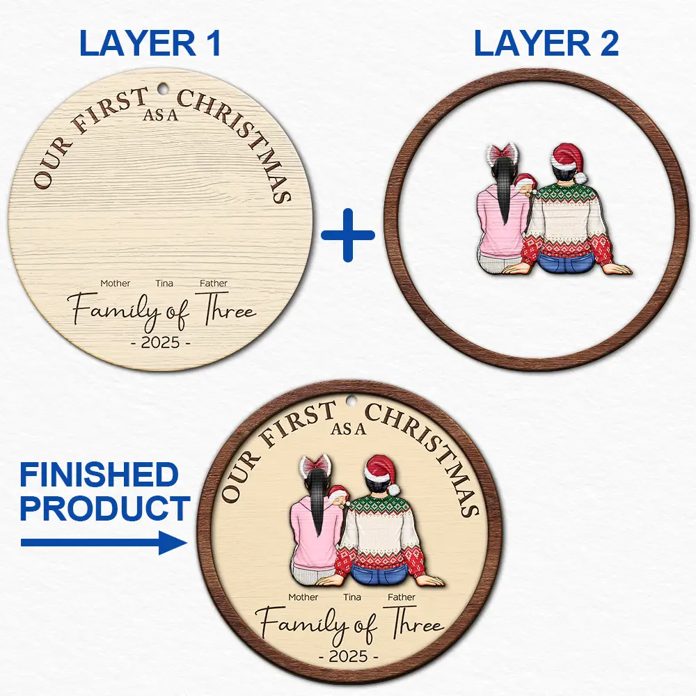First Christmas As A Family Of Three New Parents - Personalized 2-Layered Wooden Ornament - Image 6