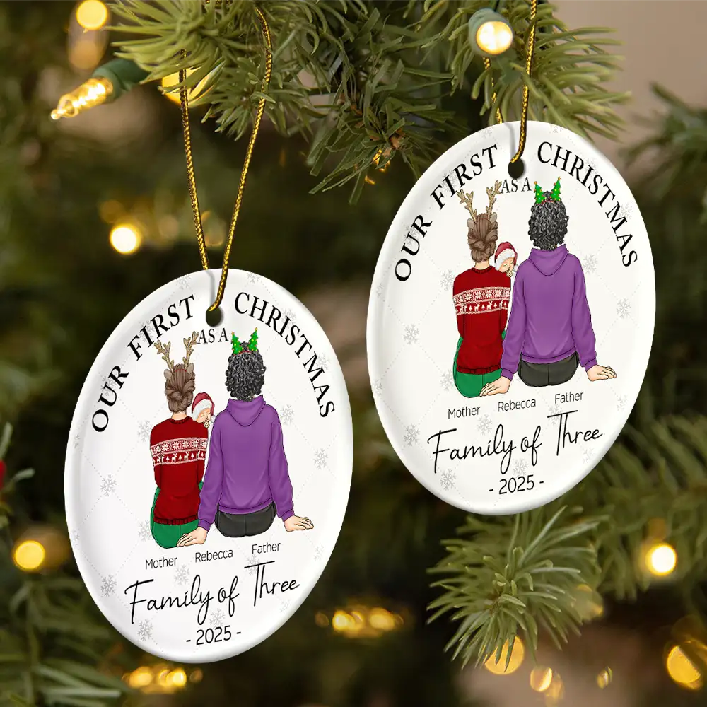 First Christmas As A Family Of Three New Parents - Personalized Circle Ceramic Ornament - Image 2