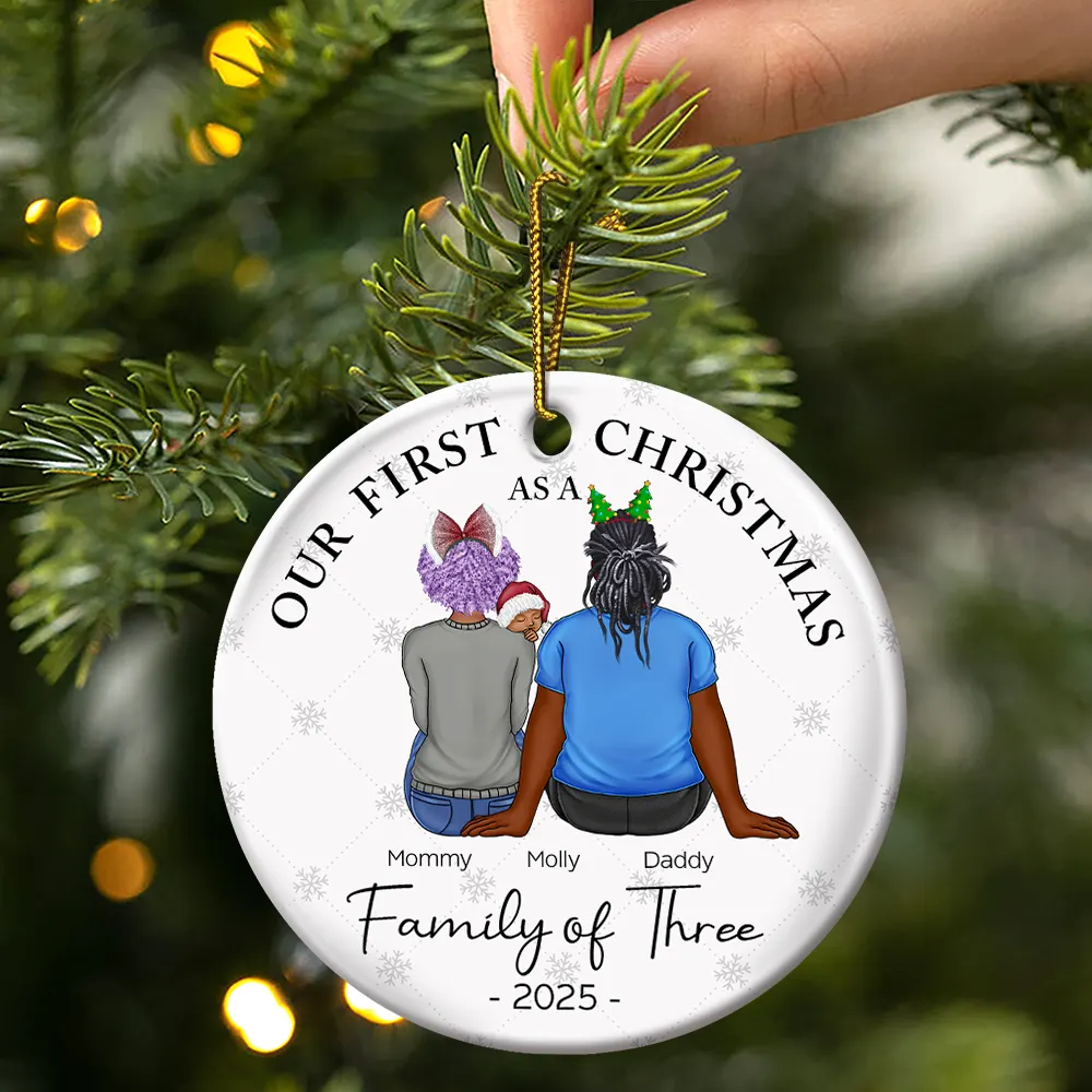 First Christmas As A Family Of Three New Parents - Personalized Circle Ceramic Ornament - Image 3