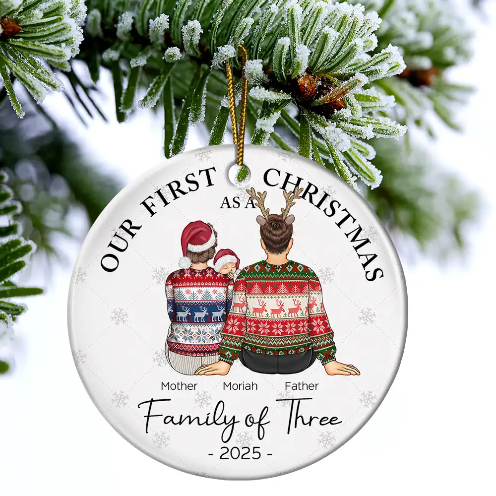 First Christmas As A Family Of Three New Parents - Personalized Circle Ceramic Ornament - Image 4