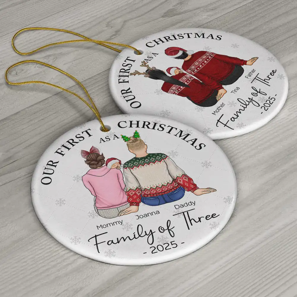 First Christmas As A Family Of Three New Parents - Personalized Circle Ceramic Ornament - Image 6