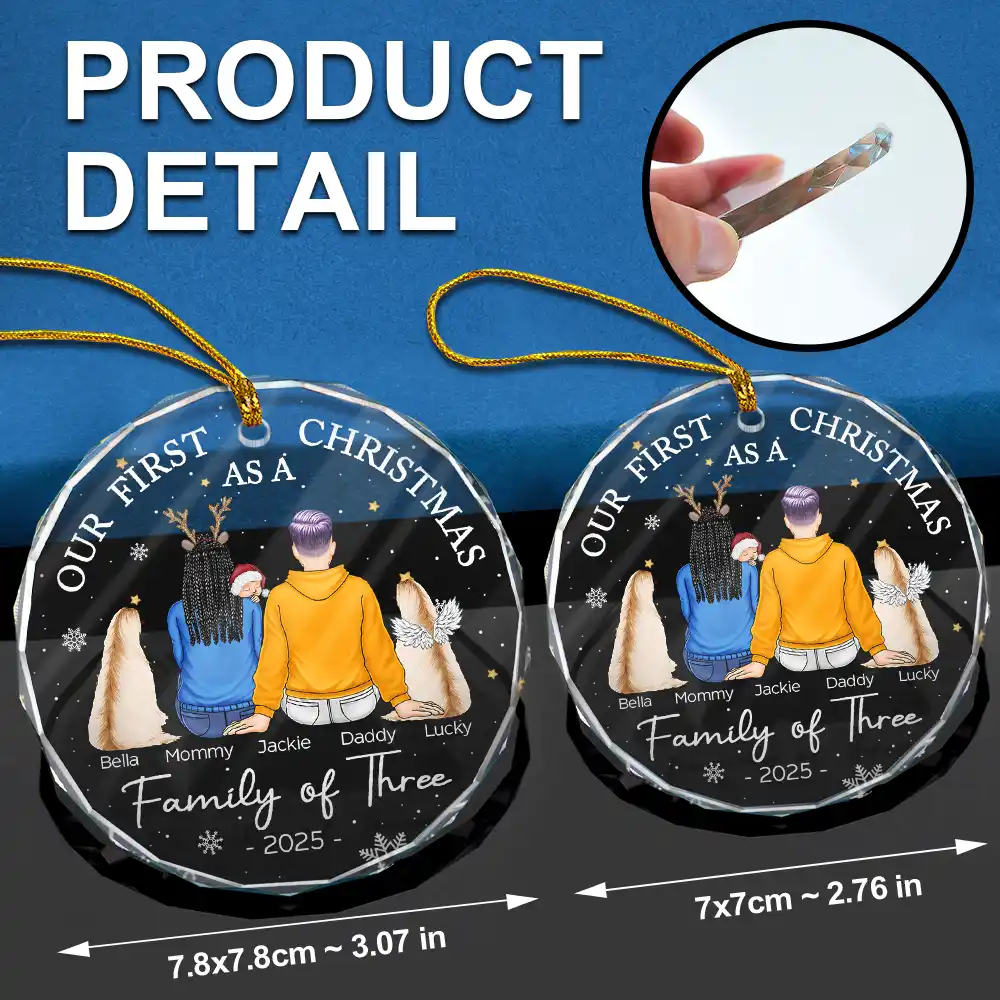 First Christmas As A Family Of Three New Parents - Personalized Circle Glass Ornament - Image 6