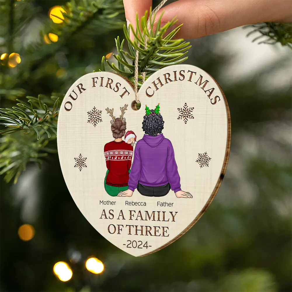 First Christmas As A Family Of Three New Parents - Personalized Custom Shaped Wooden Ornament - Image 2