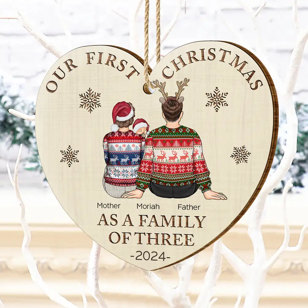 First Christmas As A Family Of Three New Parents - Personalized Custom Shaped Wooden Ornament - Image 4