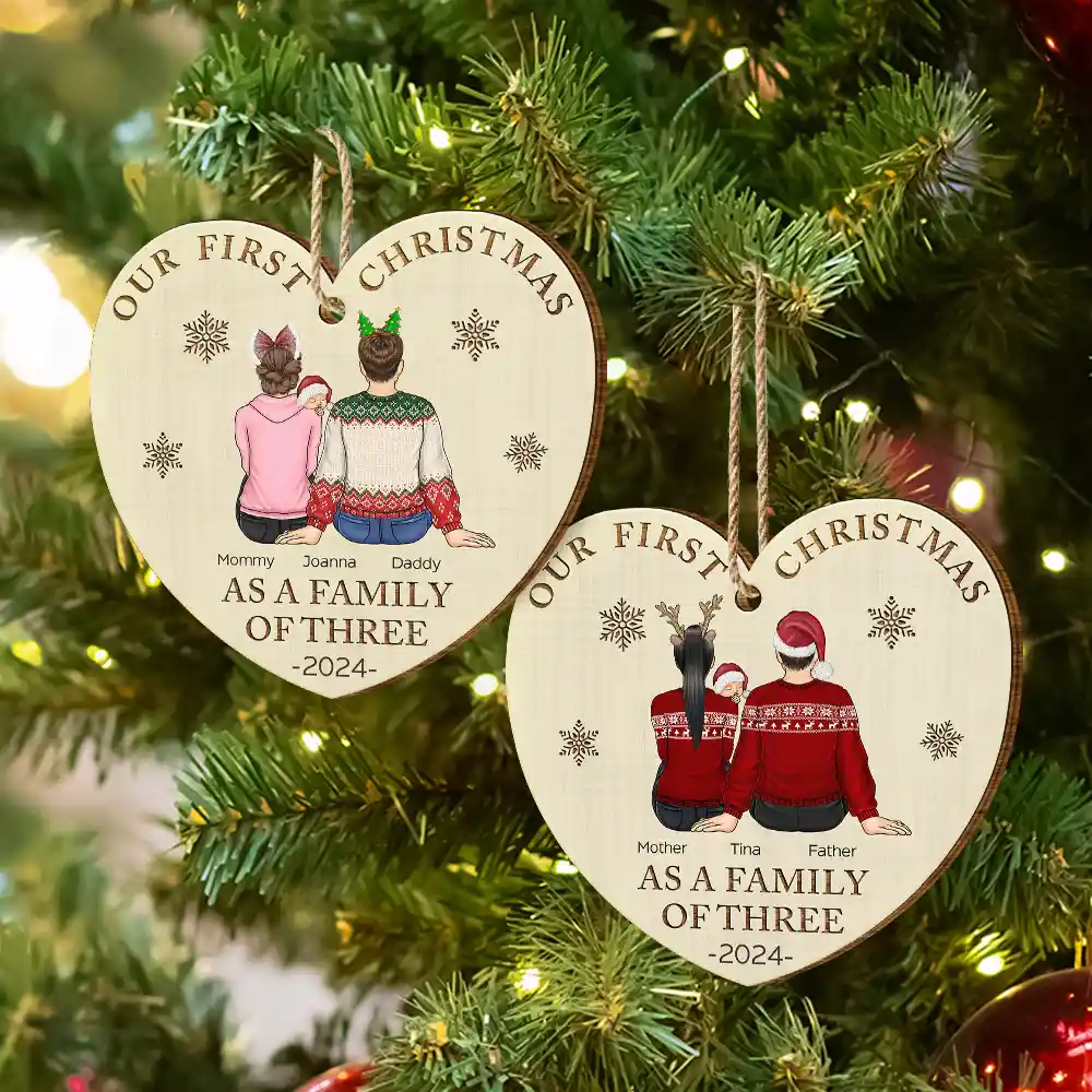 First Christmas As A Family Of Three New Parents - Personalized Custom Shaped Wooden Ornament - Image 6