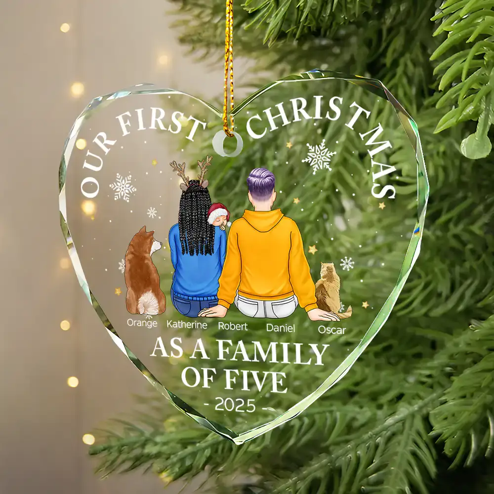 First Christmas As A Family Of Three New Parents - Personalized Heart Shaped Glass Ornament - Image 2