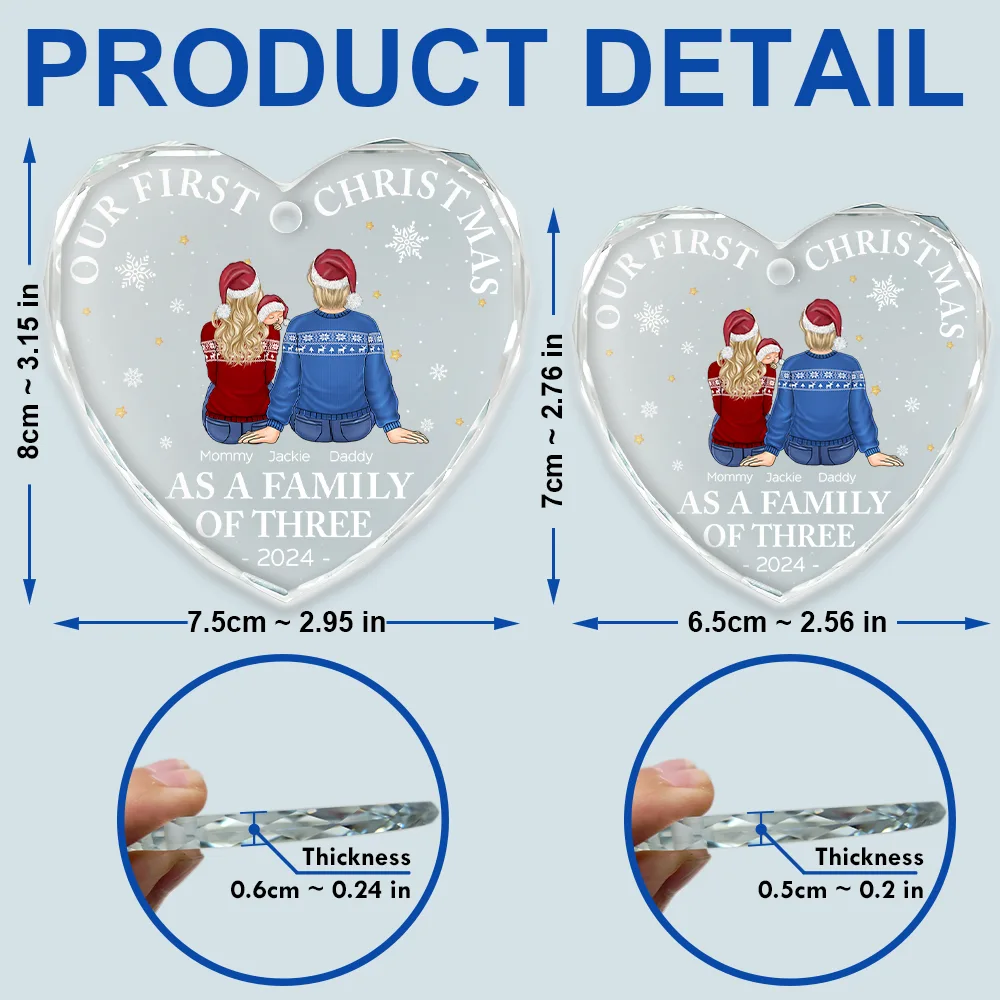 First Christmas As A Family Of Three New Parents - Personalized Heart Shaped Glass Ornament - Image 5