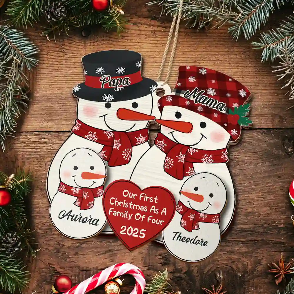 First Christmas As A Family Of Three New Parents Snowman - Personalized 2-Layered Wooden Ornament - Image 4