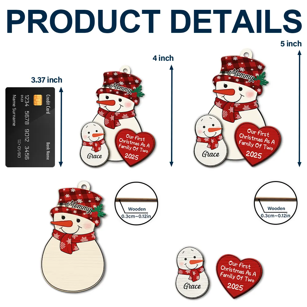 First Christmas As A Family Of Three New Parents Snowman - Personalized 2-Layered Wooden Ornament - Image 5