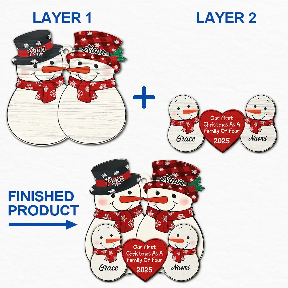 First Christmas As A Family Of Three New Parents Snowman - Personalized 2-Layered Wooden Ornament - Image 6