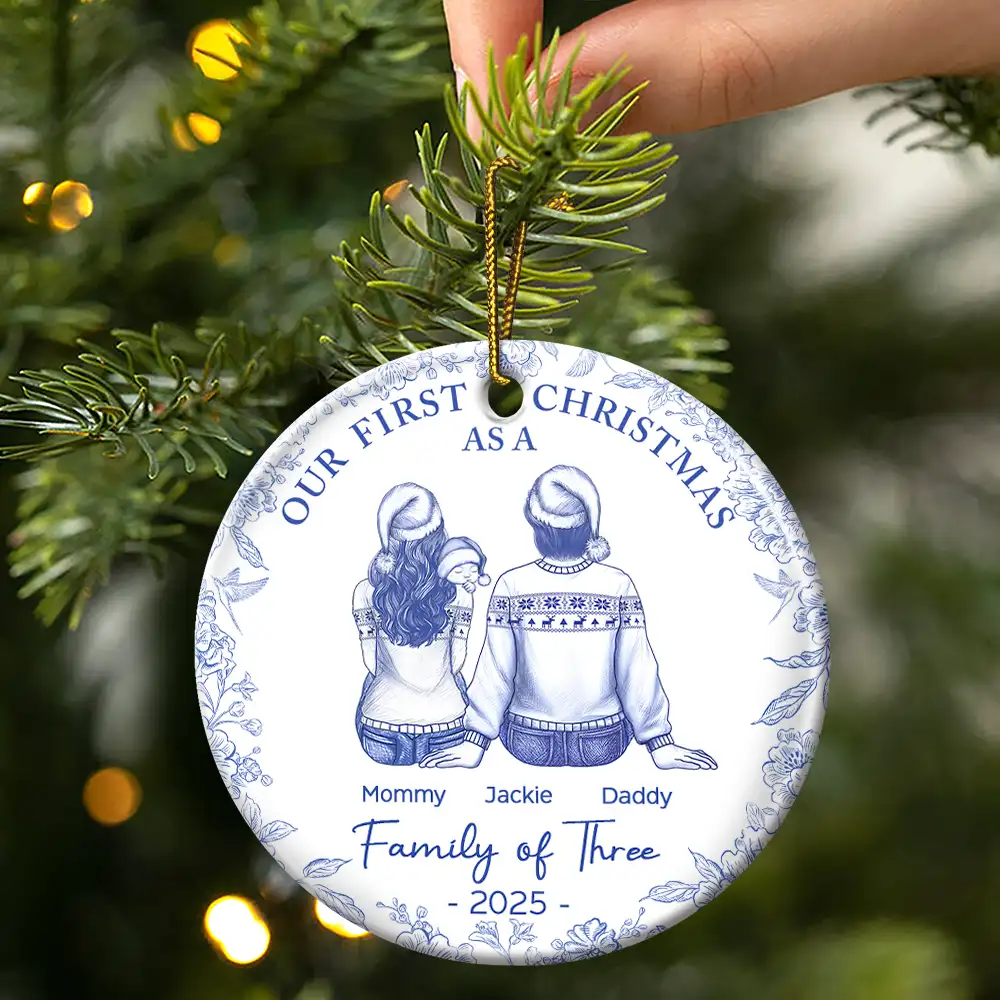 First Christmas As A Family Of Three New Parents Toile - Personalized Circle Ceramic Ornament - Image 4