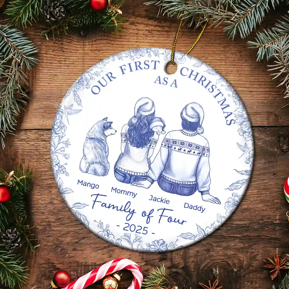 First Christmas As A Family Of Three New Parents Toile - Personalized Circle Ceramic Ornament - Image 6