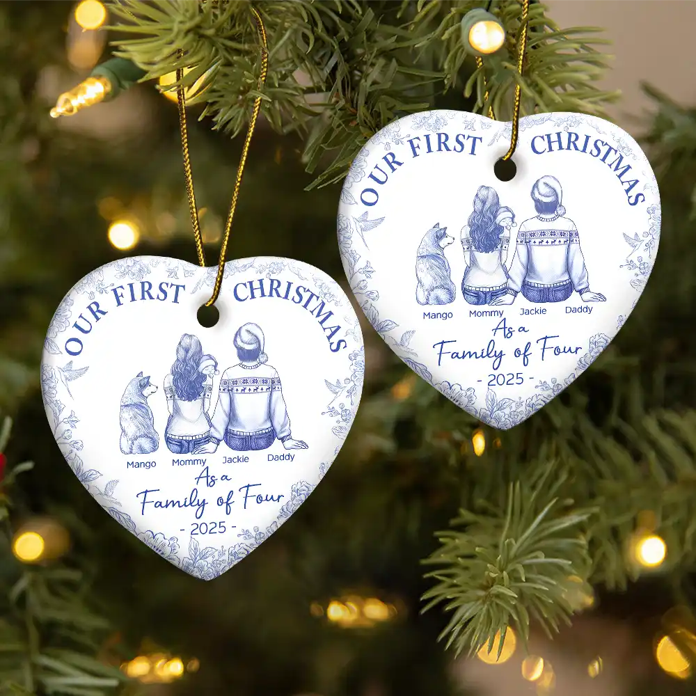 First Christmas As A Family Of Three New Parents Toile - Personalized Heart Ceramic Ornament - Image 2