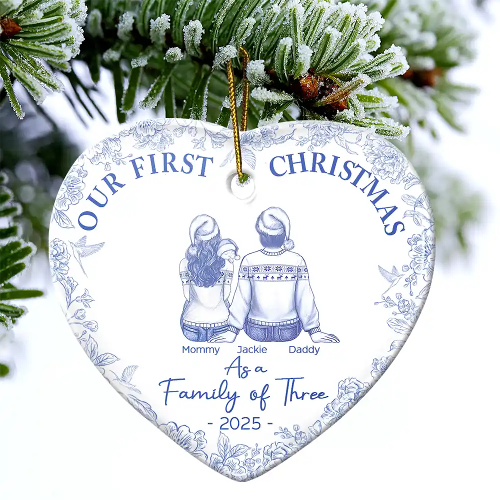 First Christmas As A Family Of Three New Parents Toile - Personalized Heart Ceramic Ornament - Image 4