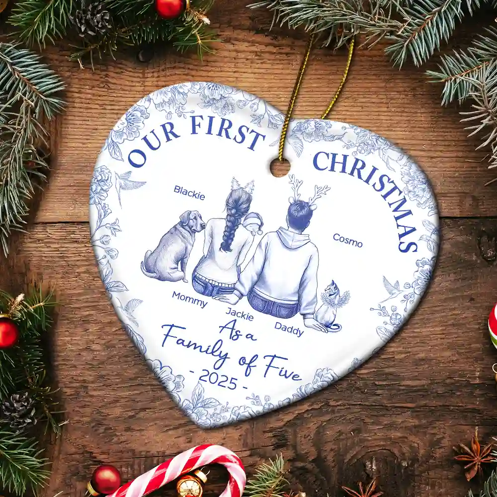 First Christmas As A Family Of Three New Parents Toile - Personalized Heart Ceramic Ornament - Image 5