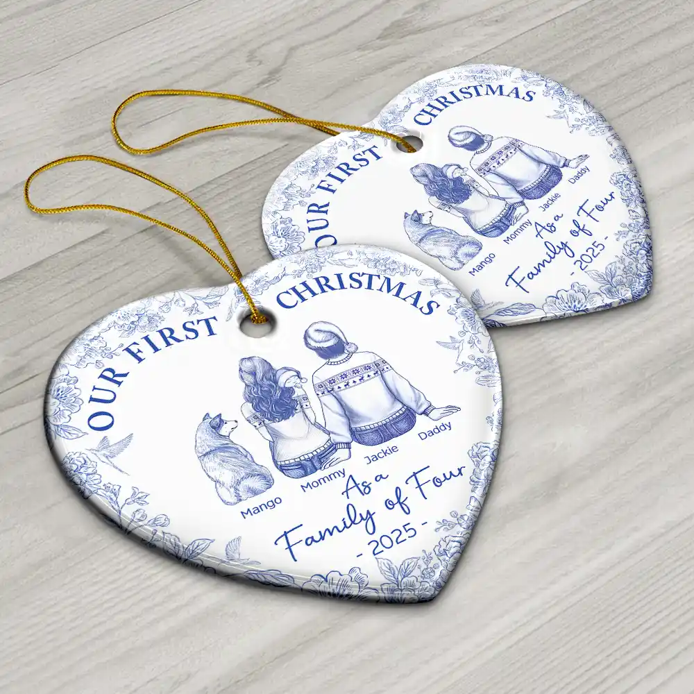 First Christmas As A Family Of Three New Parents Toile - Personalized Heart Ceramic Ornament - Image 6
