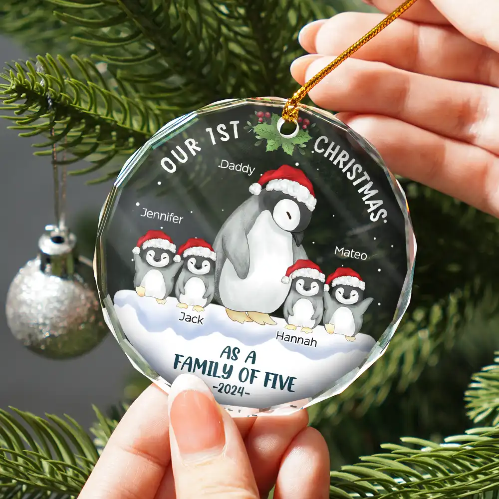 First Christmas As A Family Of Three Penguin - Personalized Circle Glass Ornament - Image 2