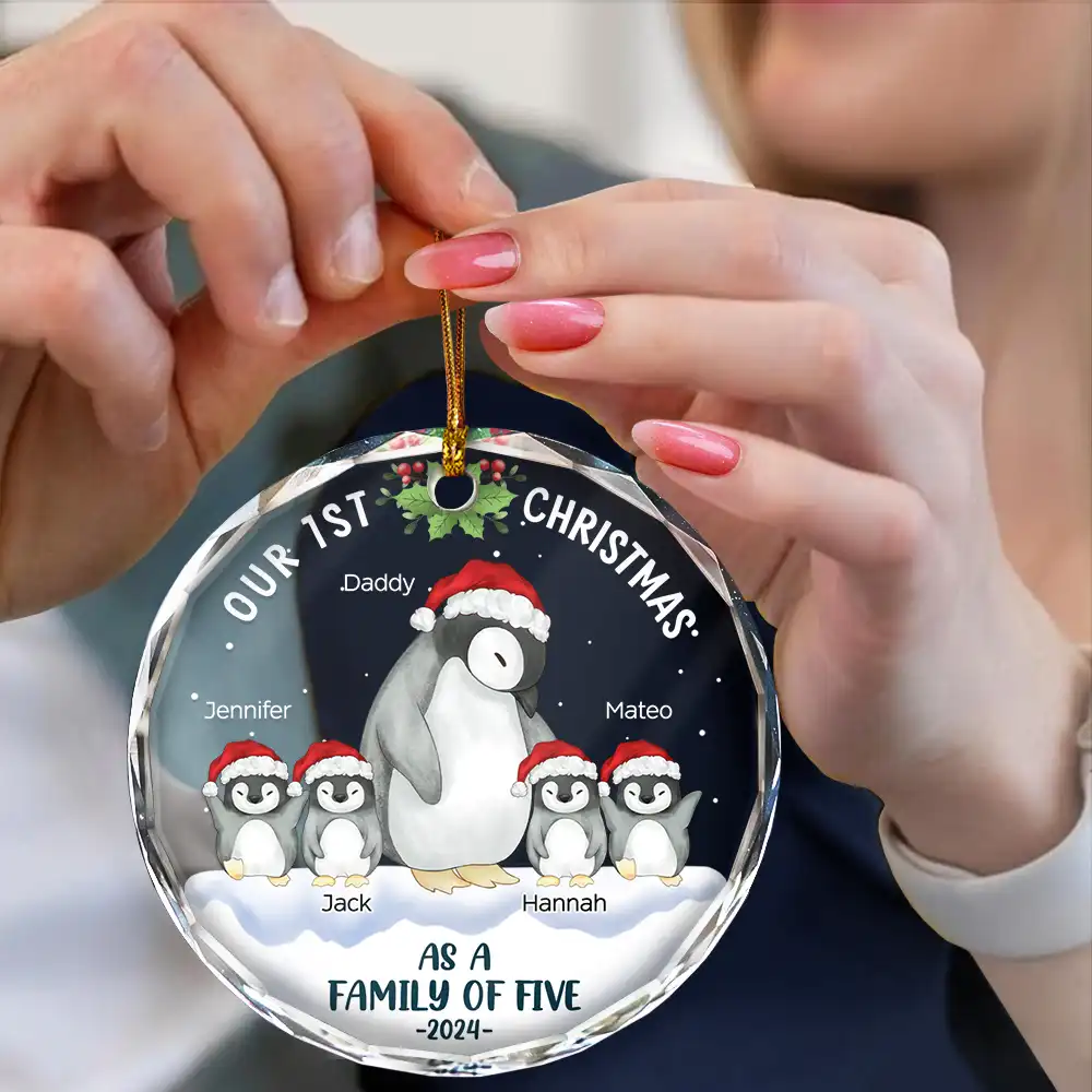 First Christmas As A Family Of Three Penguin - Personalized Circle Glass Ornament - Image 4