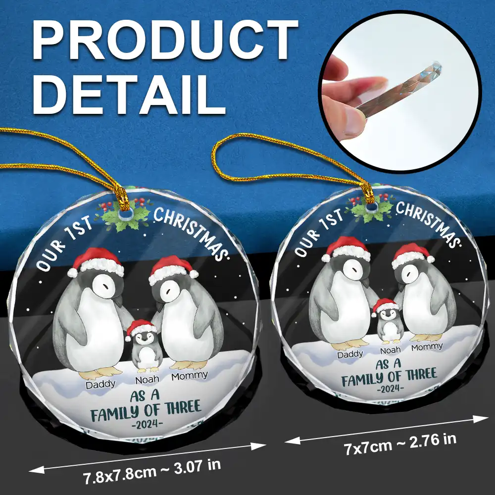 First Christmas As A Family Of Three Penguin - Personalized Circle Glass Ornament - Image 6
