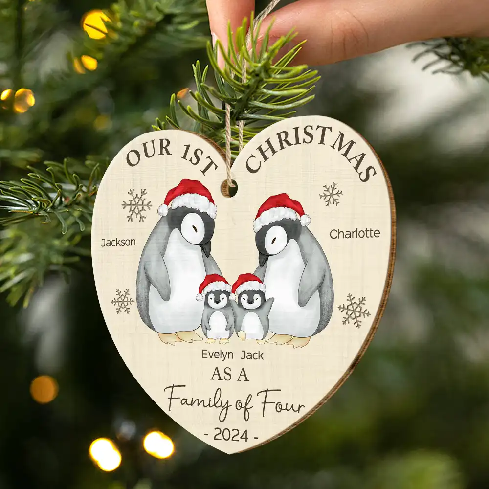 First Christmas As A Family Of Three Penguin - Personalized Custom Shaped Wooden Ornament - Image 2