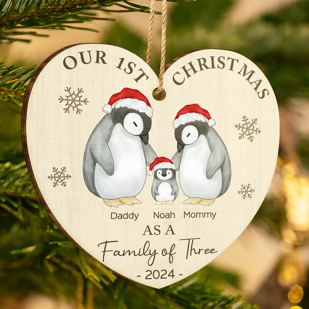 First Christmas As A Family Of Three Penguin - Personalized Custom Shaped Wooden Ornament - Image 3