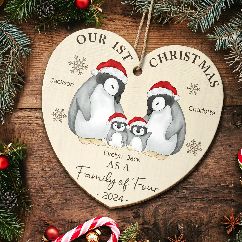 First Christmas As A Family Of Three Penguin - Personalized Custom Shaped Wooden Ornament - Image 5
