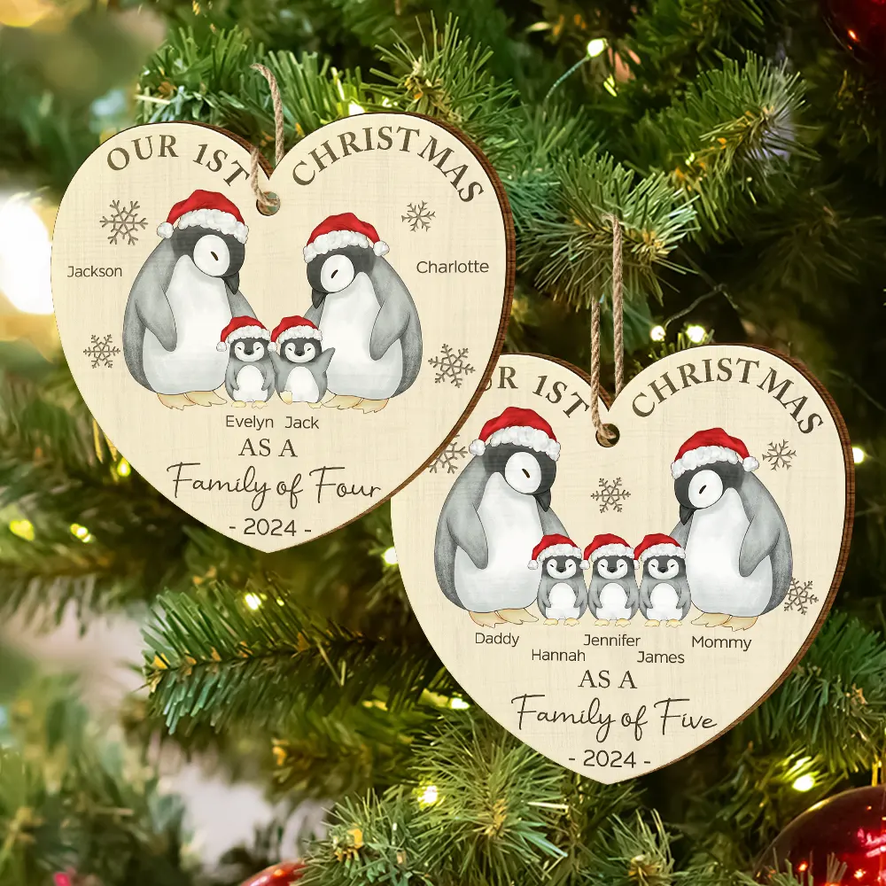 First Christmas As A Family Of Three Penguin - Personalized Custom Shaped Wooden Ornament - Image 6