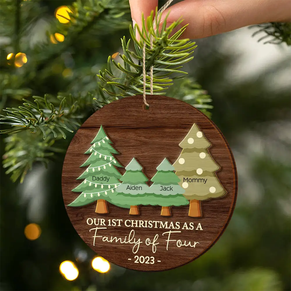 First Christmas As A Family Of Three - Personalized 2-Layered Wooden Ornament - Image 2