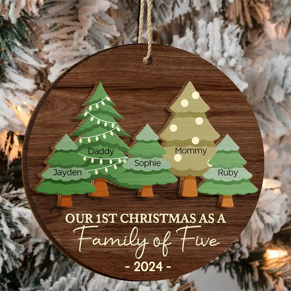 First Christmas As A Family Of Three - Personalized 2-Layered Wooden Ornament - Image 3