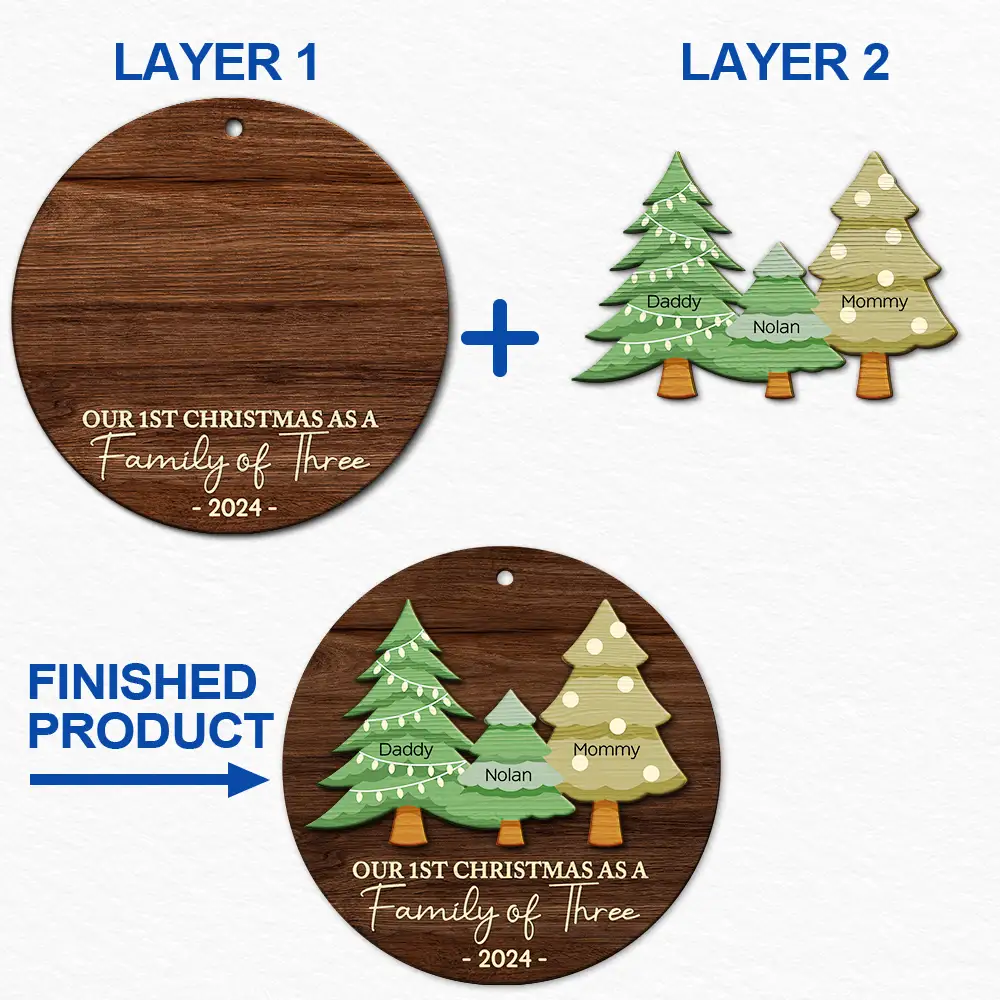 First Christmas As A Family Of Three - Personalized 2-Layered Wooden Ornament - Image 6