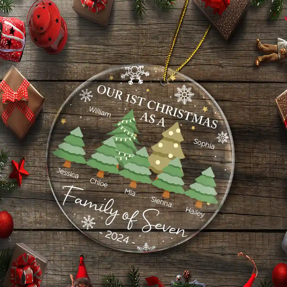 First Christmas As A Family Of Three - Personalized Circle Acrylic Ornament - Image 5