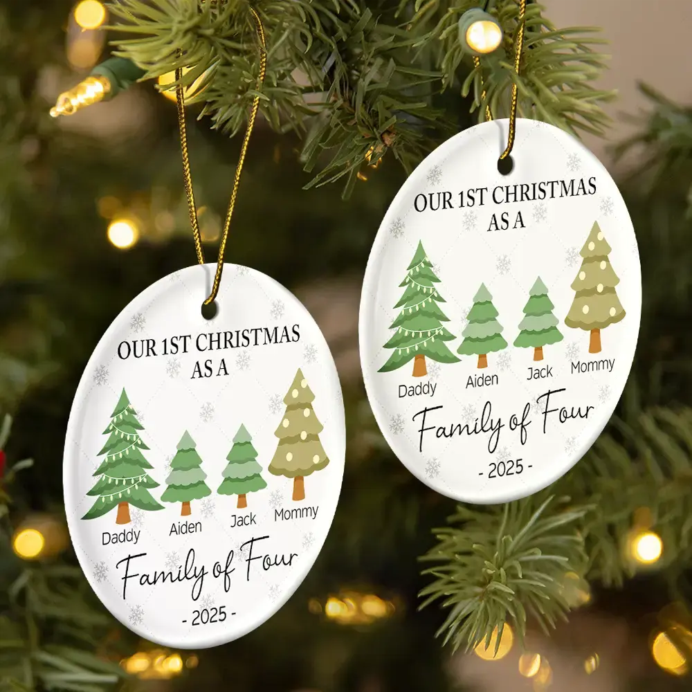 First Christmas As A Family Of Three - Personalized Circle Ceramic Ornament - Image 2