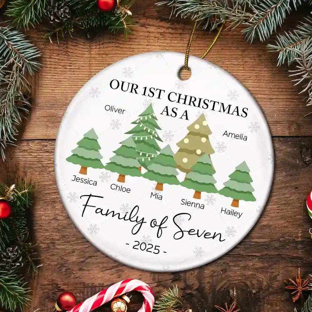 First Christmas As A Family Of Three - Personalized Circle Ceramic Ornament - Image 5
