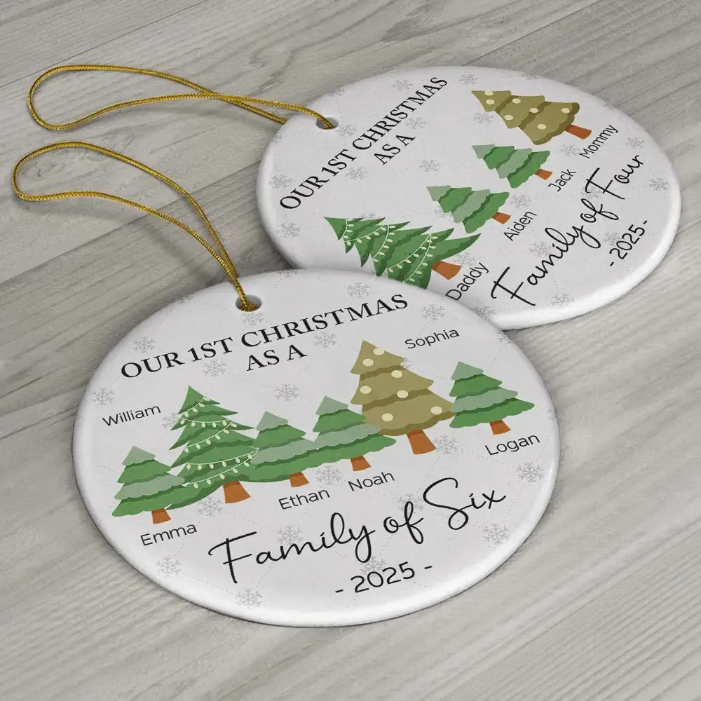 First Christmas As A Family Of Three - Personalized Circle Ceramic Ornament - Image 6