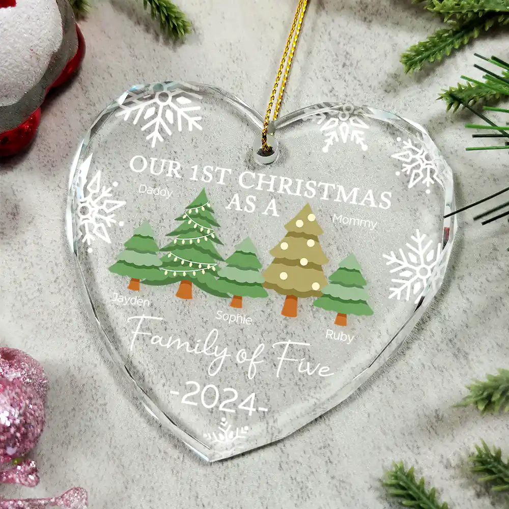 First Christmas As A Family Of Three - Personalized Heart Shaped Glass Ornament - Image 4