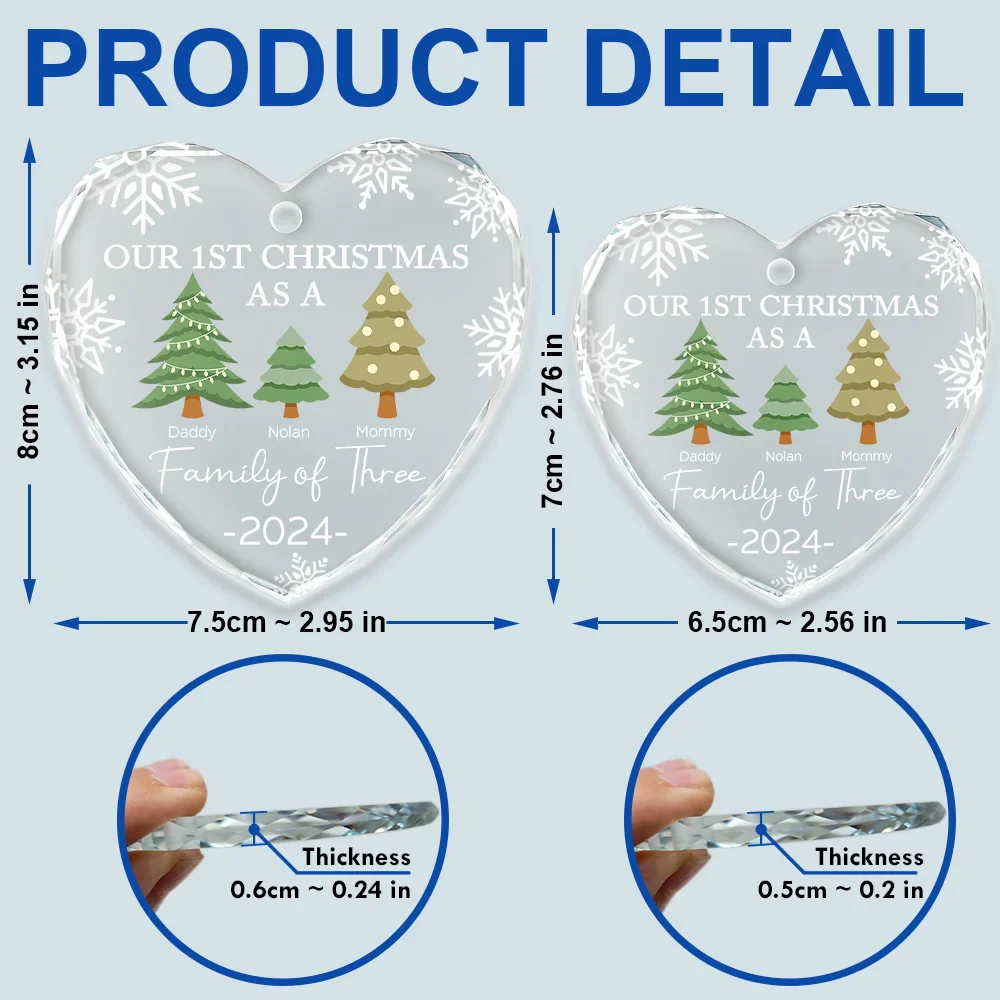 First Christmas As A Family Of Three - Personalized Heart Shaped Glass Ornament - Image 5