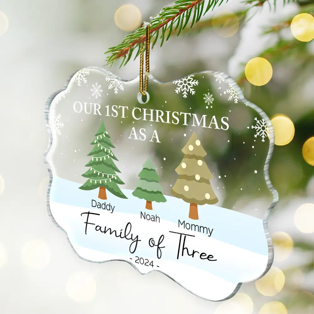 First Christmas As A Family Of Three - Personalized Medallion Acrylic Ornament - Image 2