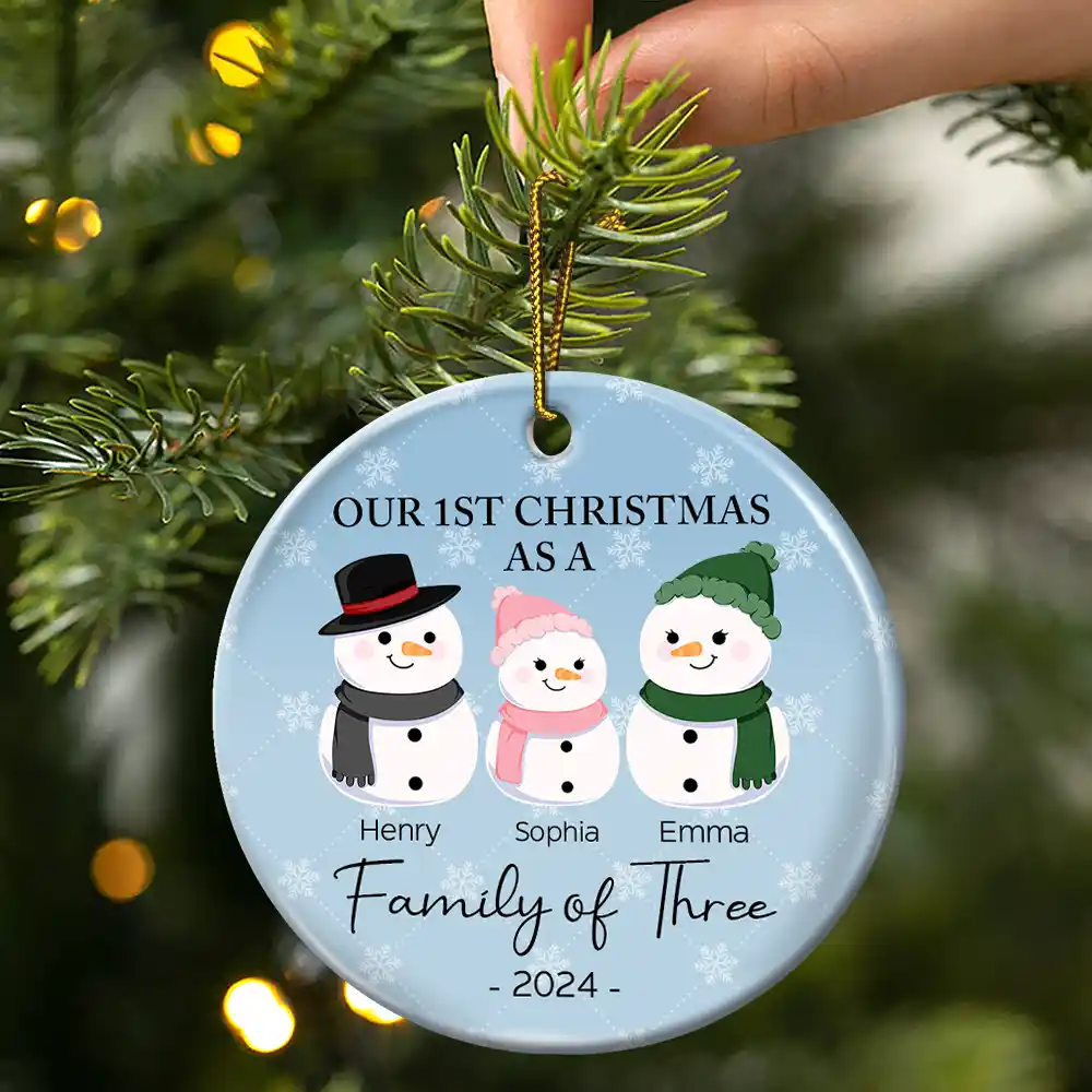 First Christmas As A Family Of Three Snowman - Personalized Circle Ceramic Ornament - Image 3