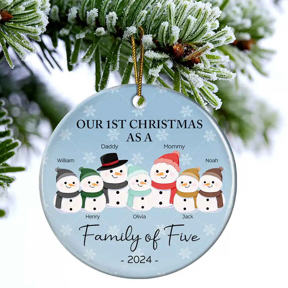 First Christmas As A Family Of Three Snowman - Personalized Circle Ceramic Ornament - Image 4