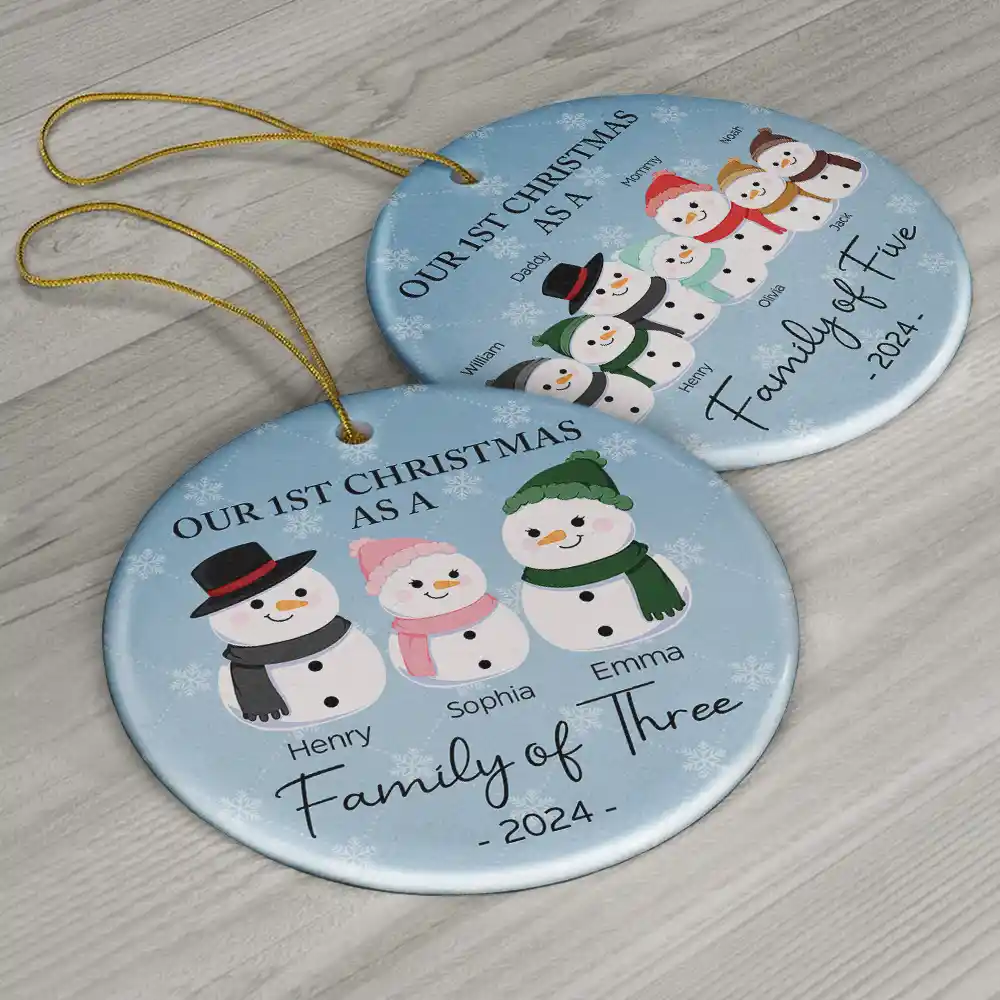 First Christmas As A Family Of Three Snowman - Personalized Circle Ceramic Ornament - Image 6
