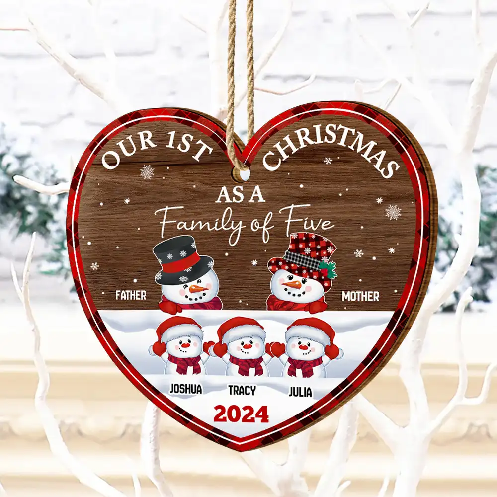 First Christmas As A Family Of Three Snowman - Personalized Custom Shaped Wooden Ornament - Image 4