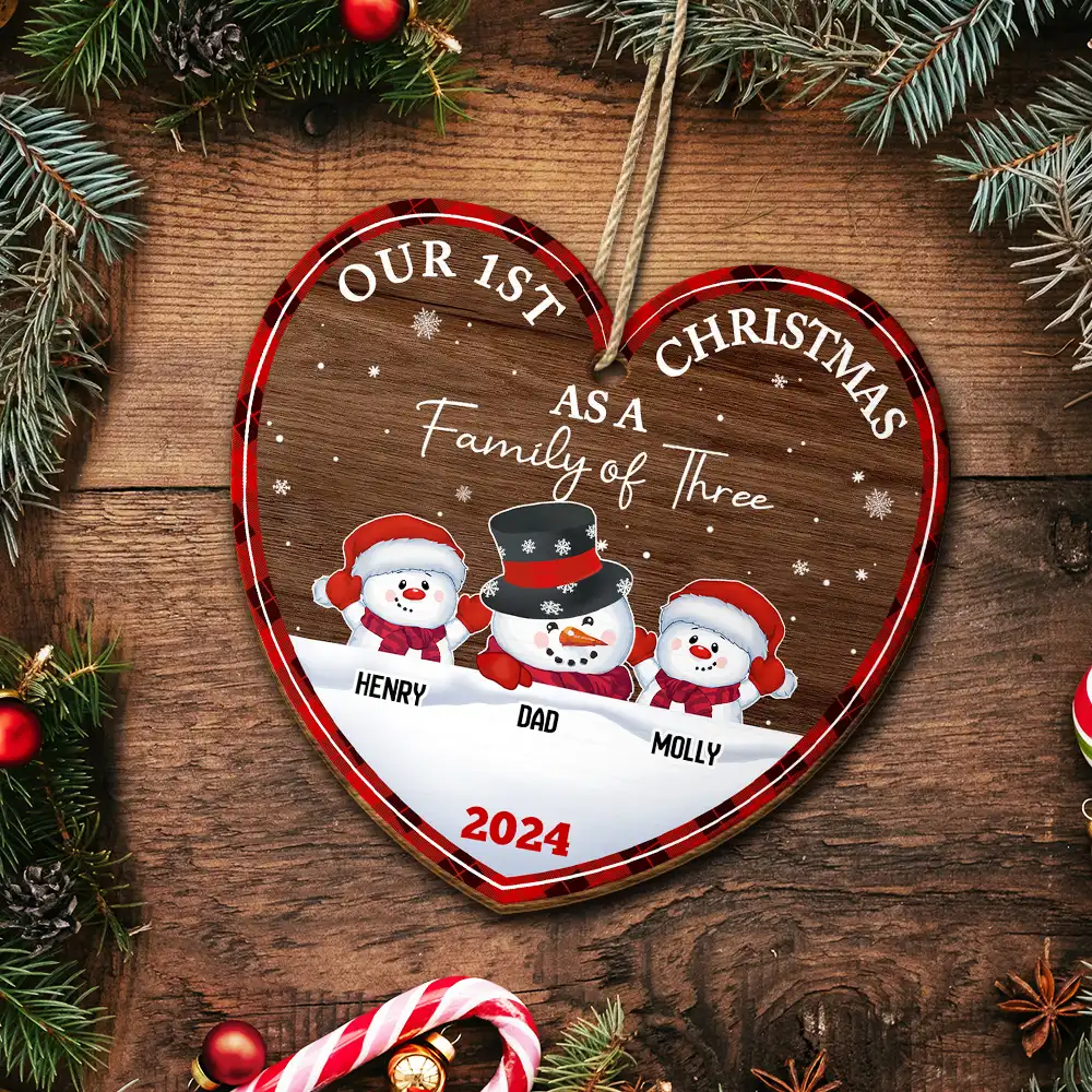 First Christmas As A Family Of Three Snowman - Personalized Custom Shaped Wooden Ornament - Image 5