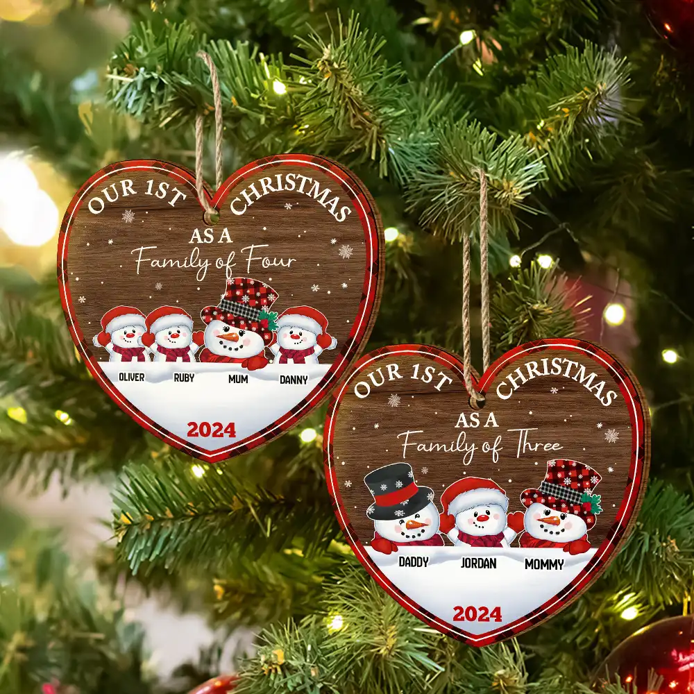 First Christmas As A Family Of Three Snowman - Personalized Custom Shaped Wooden Ornament - Image 6