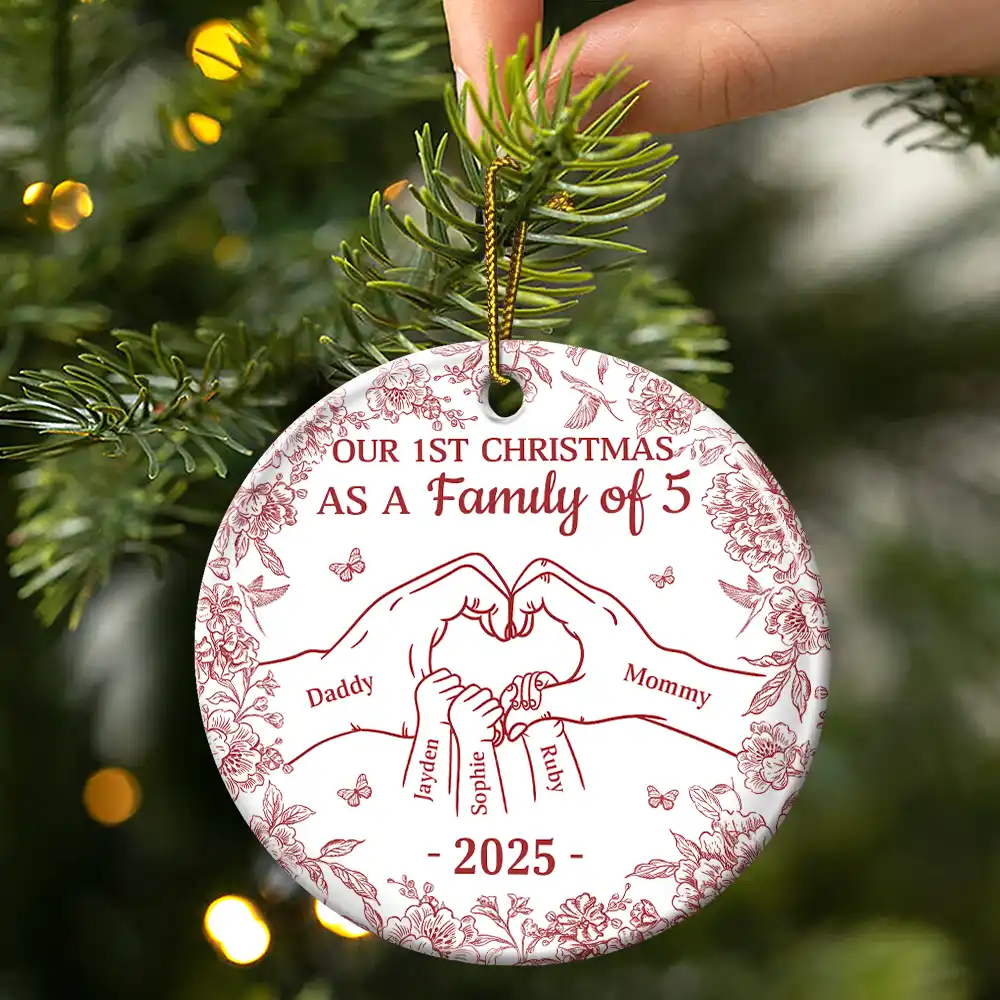 First Christmas As A Family Of Three Toile Hand - Personalized Circle Ceramic Ornament - Image 3